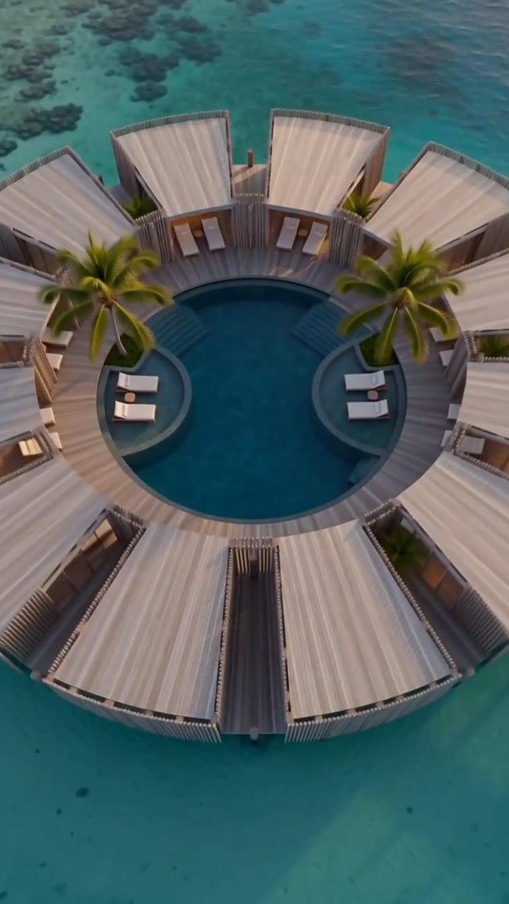 The finished circular pool court open to the sky, wrapped by timber suites