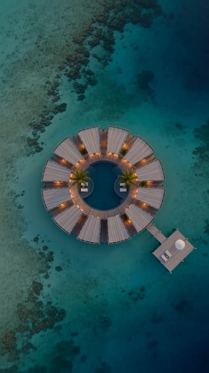 A small timber jetty arriving at the warmly lit Halo Atoll ring